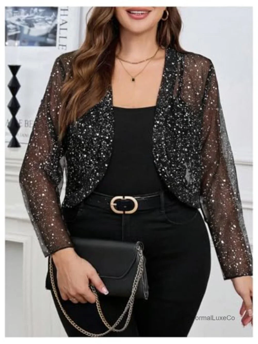 Plus Size Sequin Sheer Bolero Shrug Open Front Long Sleeve Party Cropped